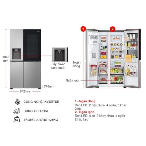 Tủ Lạnh 2 cánh side by side Inverter 635 Lít LG GR-G257SV 4 kich thuoc tu lanh 2 canh side by side inverter 635 lit lg gr g257sv