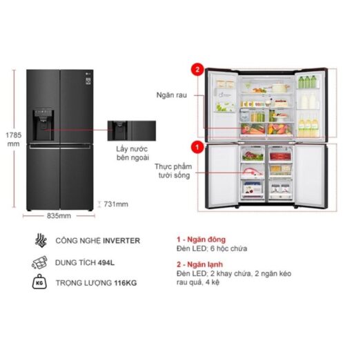 kich thuoc tu lanh 4 canh multi door inverter 570 lit lg gr d22mb